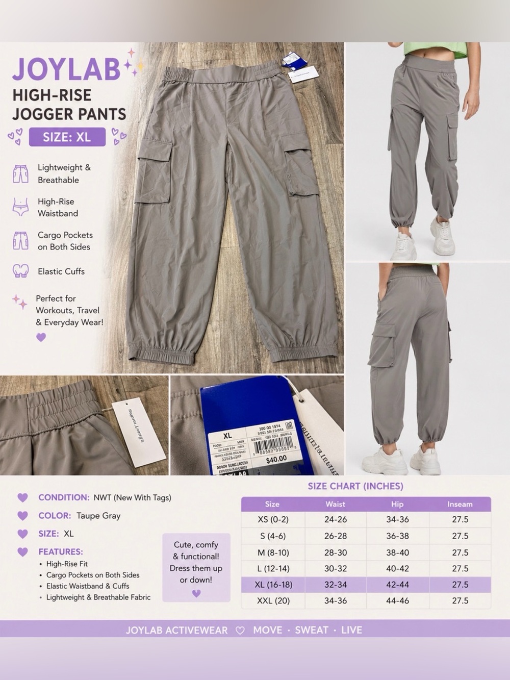JoyLab Women’s High-Rise Cargo Jogger Pants – XL – NWT